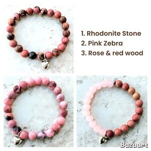 3 Pcs SET Pink Zebra, Rhodonite and Rose Quartz Beaded Bracelet with Heart Charm